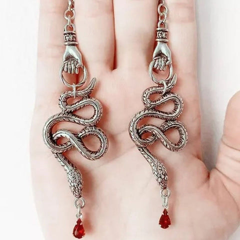 Drop of Blood Venom Earrings, Ruby Snake Earrings, Medicinal Earrings, Slithering Gold Serpent Hoops, Ouroboros Creature Blood Drop Earrings - Froppin