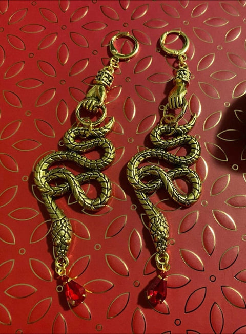 Drop of Blood Venom Earrings, Ruby Snake Earrings, Medicinal Earrings, Slithering Gold Serpent Hoops, Ouroboros Creature Blood Drop Earrings - Froppin