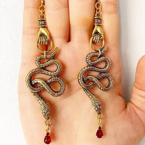 Drop of Blood Venom Earrings, Ruby Snake Earrings, Medicinal Earrings, Slithering Gold Serpent Hoops, Ouroboros Creature Blood Drop Earrings - Froppin