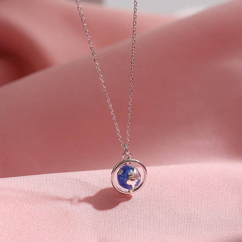 Earth Globe Silver Realistic Blue Circle Long Cute Necklace Pendant - Froppin