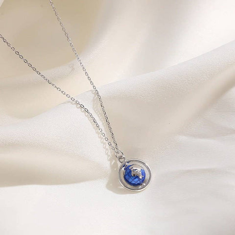 Earth Globe Silver Realistic Blue Circle Long Cute Necklace Pendant - Froppin