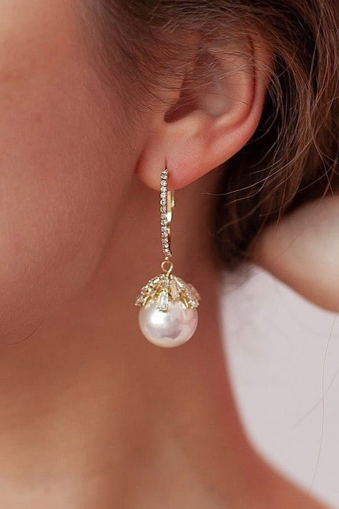 Elegant Classic Pearl White Shining Crystal Gem Top Dangle Earrings, Gold Mother Of Pearl Hoop Earrings, Large Golden Traditional Pearl Hoop - Froppin