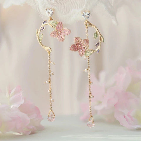 Floral Long Dangle Pink and Green Circle Asymmetric Earrings - Froppin