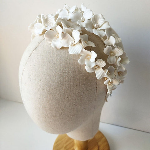 Floral Vintage Pearl Headband Vine Bridal Headpiece with Organza Ribbon, Dainty Gift For Her, Bridesmaid Gift, Flower Petals Headband - Froppin