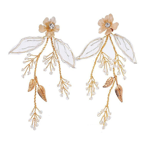Flowers Golden Threads Branch Pearl Earrings, Crystal Rhinestone Leaf Flower Floral Earrings, Dainty Gold Natural Chandelier Dangle Earrings - Froppin