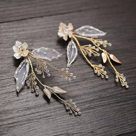 Flowers Golden Threads Branch Pearl Earrings, Crystal Rhinestone Leaf Flower Floral Earrings, Dainty Gold Natural Chandelier Dangle Earrings - Froppin