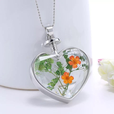 Forever Flower Necklace, Pressed Flower Necklace, Petal Flower Jewelry Silver Chain Heart Necklace, Dry Flower Pendant, Epoxy Resin Necklace - Froppin