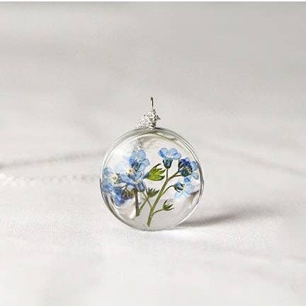 Forget Me Not Perennial Spring Flower Petals Necklace, Transparent Blue Bird Flowers, Glass Floral Plant Pendant, Gold And Silver Pendant - Froppin