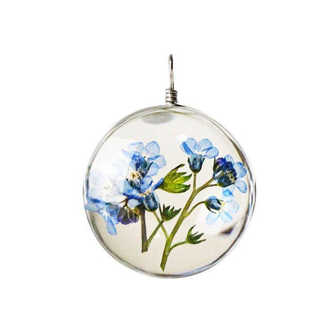 Forget Me Not Perennial Spring Flower Petals Necklace, Transparent Blue Bird Flowers, Glass Floral Plant Pendant, Gold And Silver Pendant - Froppin