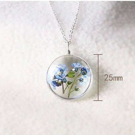 Forget Me Not Perennial Spring Flower Petals Necklace, Transparent Blue Bird Flowers, Glass Floral Plant Pendant, Gold And Silver Pendant - Froppin