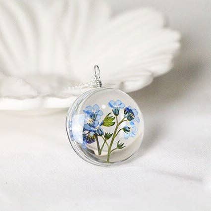 Forget Me Not Perennial Spring Flower Petals Necklace, Transparent Blue Bird Flowers, Glass Floral Plant Pendant, Gold And Silver Pendant - Froppin