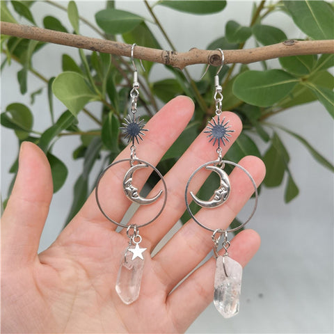 Glowing Moon Night Lover Earrings, Celestial Earrings, Crescent Moon Earrings, Silver Sun Earring, Raw Crystal Earrings, Natural Stone Hoops - Froppin