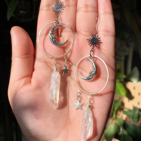 Glowing Moon Night Lover Earrings, Celestial Earrings, Crescent Moon Earrings, Silver Sun Earring, Raw Crystal Earrings, Natural Stone Hoops - Froppin