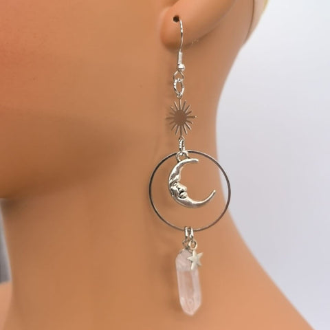 Glowing Moon Night Lover Earrings, Celestial Earrings, Crescent Moon Earrings, Silver Sun Earring, Raw Crystal Earrings, Natural Stone Hoops - Froppin