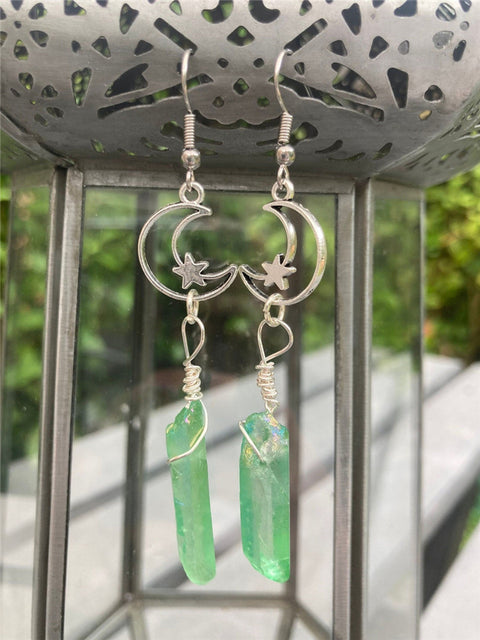 Glowing Moon Night Lover Earrings, Celestial Earrings, Crescent Moon Earrings, Silver Sun Earring, Raw Crystal Earrings, Natural Stone Hoops - Froppin
