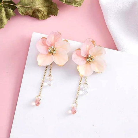 Glowing Romantic Japanese Sakura Stud Earrings, Magic Bloom Pink Flower Iridescent Crystal Gem Dangle Earring, Floral Delicate Drop Crystal - Froppin