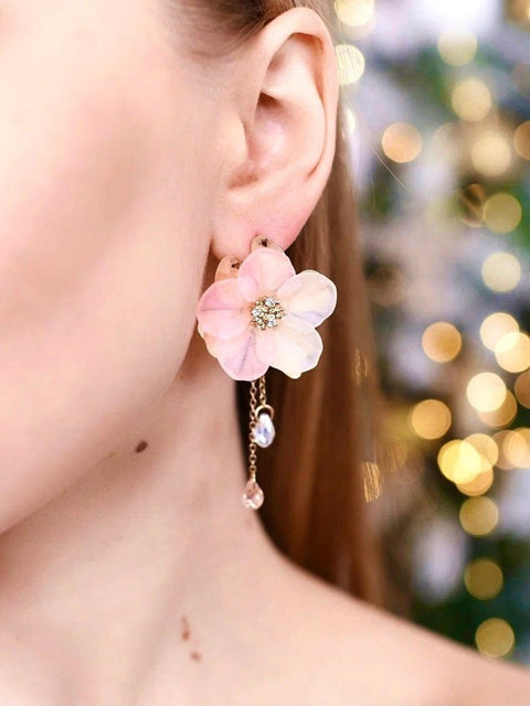 Glowing Romantic Japanese Sakura Stud Earrings, Magic Bloom Pink Flower Iridescent Crystal Gem Dangle Earring, Floral Delicate Drop Crystal - Froppin