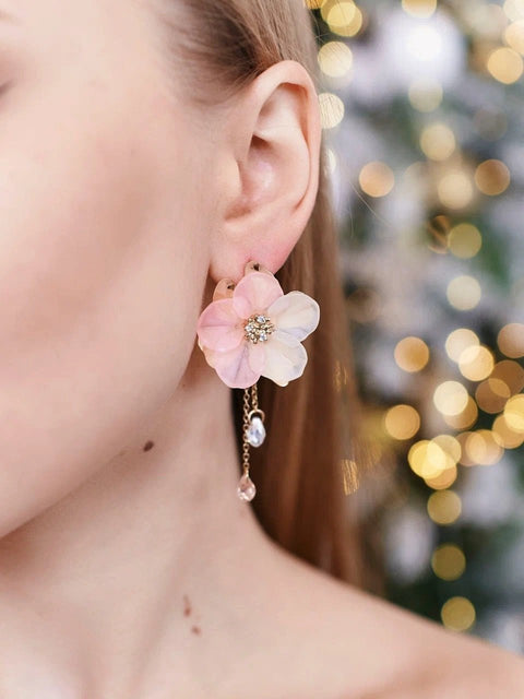 Glowing Romantic Japanese Sakura Stud Earrings, Magic Bloom Pink Flower Iridescent Crystal Gem Dangle Earring, Floral Delicate Drop Crystal - Froppin