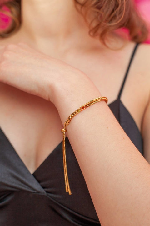Gold Braided Curb Chain Bracelet, Chain Braided Curb Gold Bracelet, Small Trendy Links Minimalist Stack, Tie Knot Adjustable Wrist Bracelet - Froppin