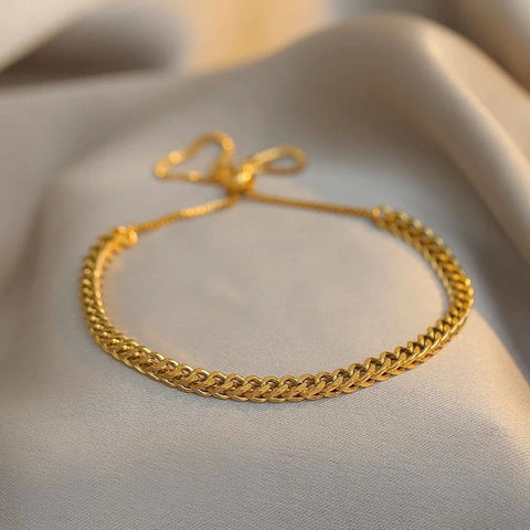 Gold Braided Curb Chain Bracelet, Chain Braided Curb Gold Bracelet, Small Trendy Links Minimalist Stack, Tie Knot Adjustable Wrist Bracelet - Froppin