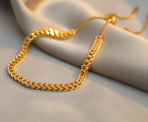 Gold Braided Curb Chain Bracelet, Chain Braided Curb Gold Bracelet, Small Trendy Links Minimalist Stack, Tie Knot Adjustable Wrist Bracelet - Froppin