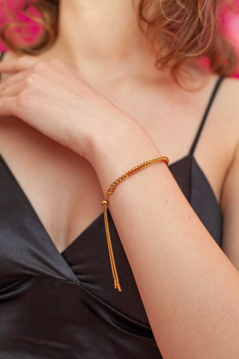 Gold Braided Curb Chain Bracelet, Chain Braided Curb Gold Bracelet, Small Trendy Links Minimalist Stack, Tie Knot Adjustable Wrist Bracelet - Froppin