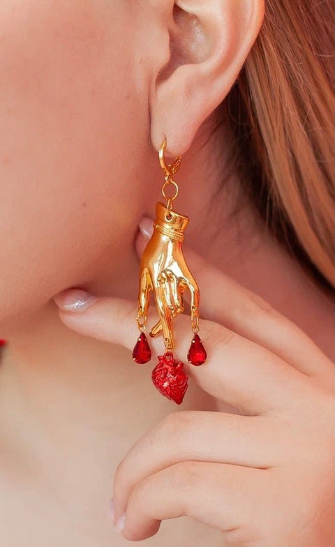 Gold Hand Palm Anatomical Heart Blood Dangle Earrings - Froppin