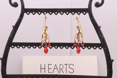 Gold Hands Crystal Earrings Garnet Earrings Blood Earrings Teardrop Earrings Stone Earrings Cute Earrings Anatomical Earrings Heart Earrings - Froppin