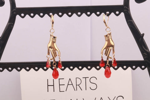 Gold Hands Crystal Earrings Garnet Earrings Blood Earrings Teardrop Earrings Stone Earrings Cute Earrings Anatomical Earrings Heart Earrings - Froppin