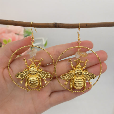 Gold Honeybee Earrings Animal Earrings, Cute Earrings Funny Earrings, Crystal Earrings Gift For Her Large Hoop Earrings, Minimalist Earrings - Froppin