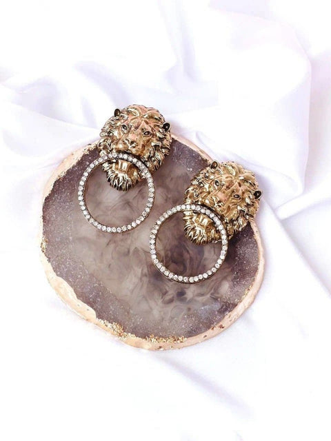 Gold Lion Intricate Gate Door Knocker Handle Large Hoops Earrings - Froppin