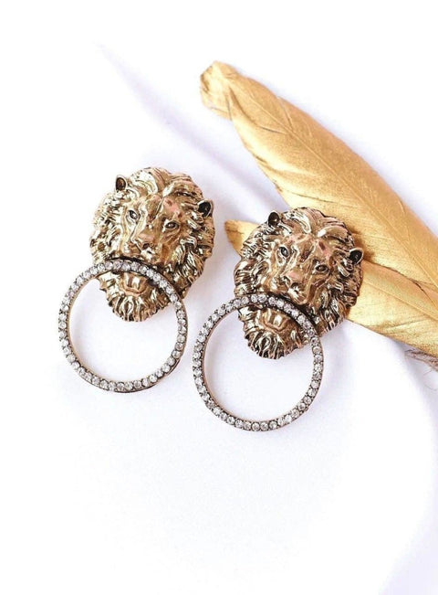 Gold Lion Intricate Gate Door Knocker Handle Large Hoops Earrings - Froppin