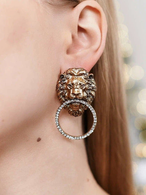 Gold Lion Intricate Gate Door Knocker Handle Large Hoops Earrings - Froppin