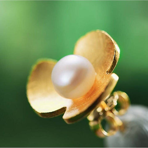 Gold Pearl Earrings Blooming Flower Earrings - Froppin