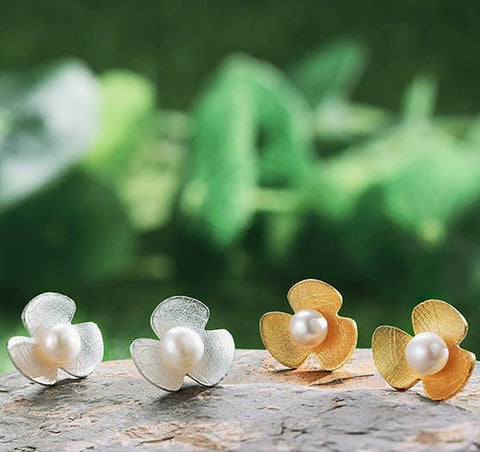 Gold Pearl Earrings Blooming Flower Earrings - Froppin