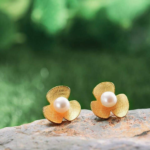 Gold Pearl Earrings Blooming Flower Earrings - Froppin