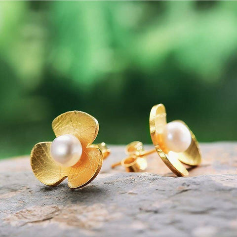 Gold Pearl Earrings Blooming Flower Earrings - Froppin