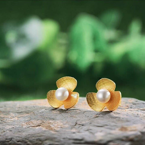 Gold Pearl Earrings Blooming Flower Earrings - Froppin