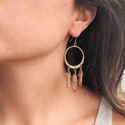 Gold Quartz Earrings, Crystal Earrings, Birthstone Earrings, Large Hoop Earrings, Minimalist Earrings, Raw Stone Earrings, Gemstone Earrings - Froppin