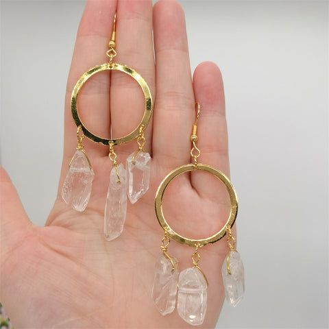 Gold Quartz Earrings, Crystal Earrings, Birthstone Earrings, Large Hoop Earrings, Minimalist Earrings, Raw Stone Earrings, Gemstone Earrings - Froppin