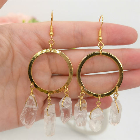 Gold Quartz Earrings, Crystal Earrings, Birthstone Earrings, Large Hoop Earrings, Minimalist Earrings, Raw Stone Earrings, Gemstone Earrings - Froppin