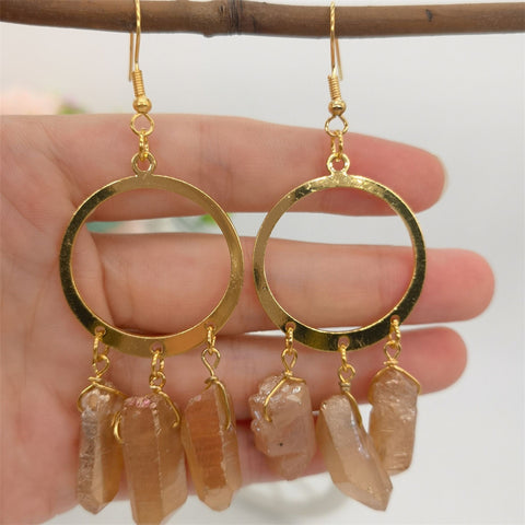 Gold Quartz Earrings, Crystal Earrings, Birthstone Earrings, Large Hoop Earrings, Minimalist Earrings, Raw Stone Earrings, Gemstone Earrings - Froppin