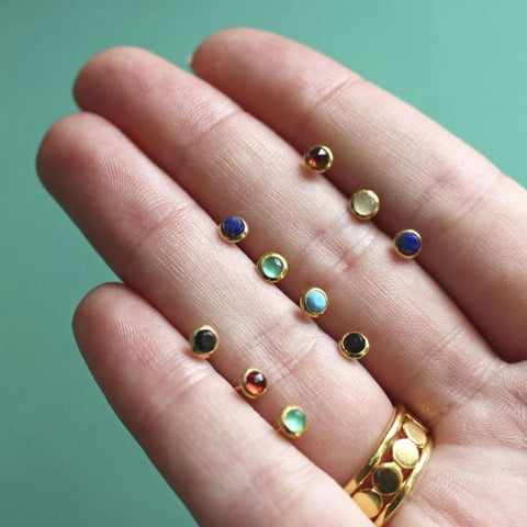 Gold Sapphire Earrings Birthstone Minimalist Earrings, Gemstone Earrings Cabochon Earrings, Tiny Stud Earrings Gift For Her Stone Earrings - Froppin