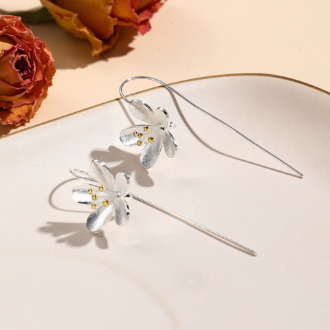 Gold Spring Flower Earrings Silver Floral Earrings, Long Floral Earrings Flower Jewelry Minimalist Earrings, Dainty Earrings Bridal Earrings - Froppin
