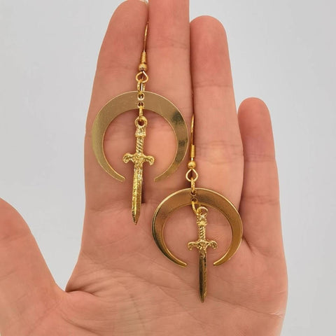 Gold Sword And Shield Dangle Earrings, Femme Fatale Small Blade Power Symbol, Protector Of The Realm Hunter Drop Earrings, War Cute Earrings - Froppin