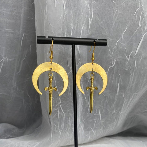 Gold Sword And Shield Dangle Earrings, Femme Fatale Small Blade Power Symbol, Protector Of The Realm Hunter Drop Earrings, War Cute Earrings - Froppin