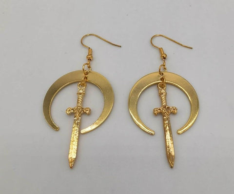 Gold Sword And Shield Dangle Earrings, Femme Fatale Small Blade Power Symbol, Protector Of The Realm Hunter Drop Earrings, War Cute Earrings - Froppin