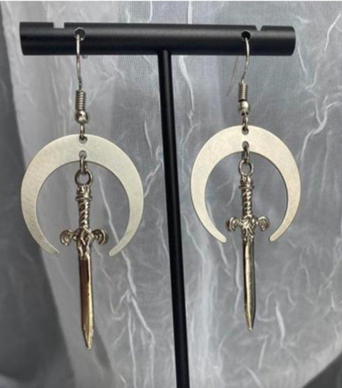 Gold Sword And Shield Dangle Earrings, Femme Fatale Small Blade Power Symbol, Protector Of The Realm Hunter Drop Earrings, War Cute Earrings - Froppin