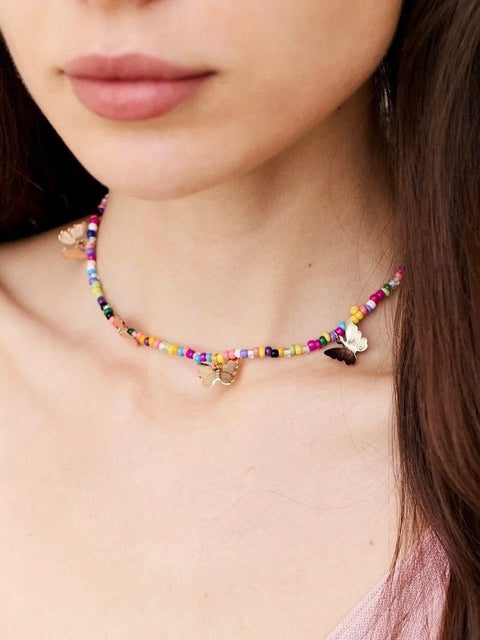 Golden Beaded Butterfly Colorful Choker, Rainbow Pride Color Serenity Necklace, Nature Inspired Shiny Butterflies Charms, Cute Gift For Her - Froppin