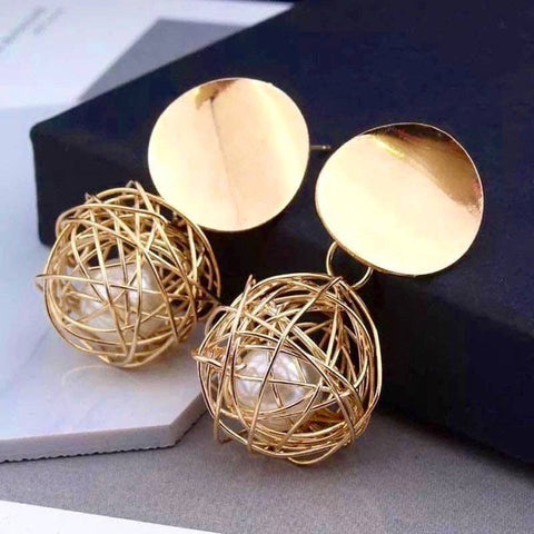 Golden Pearls Dangle Ball Sphere Shape Earrings - Froppin
